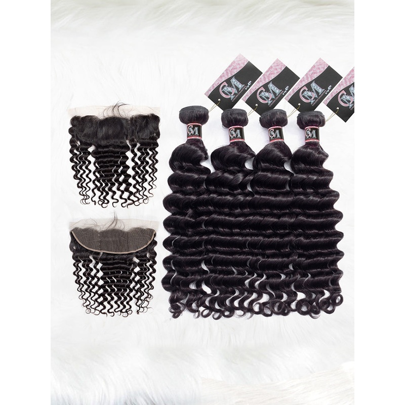 CurlyMe Loose Deep Virgin Human Hair 4 Bundles with 13×4 Frontal Natural Black 8 8 10 10 13×4 Frontal 8