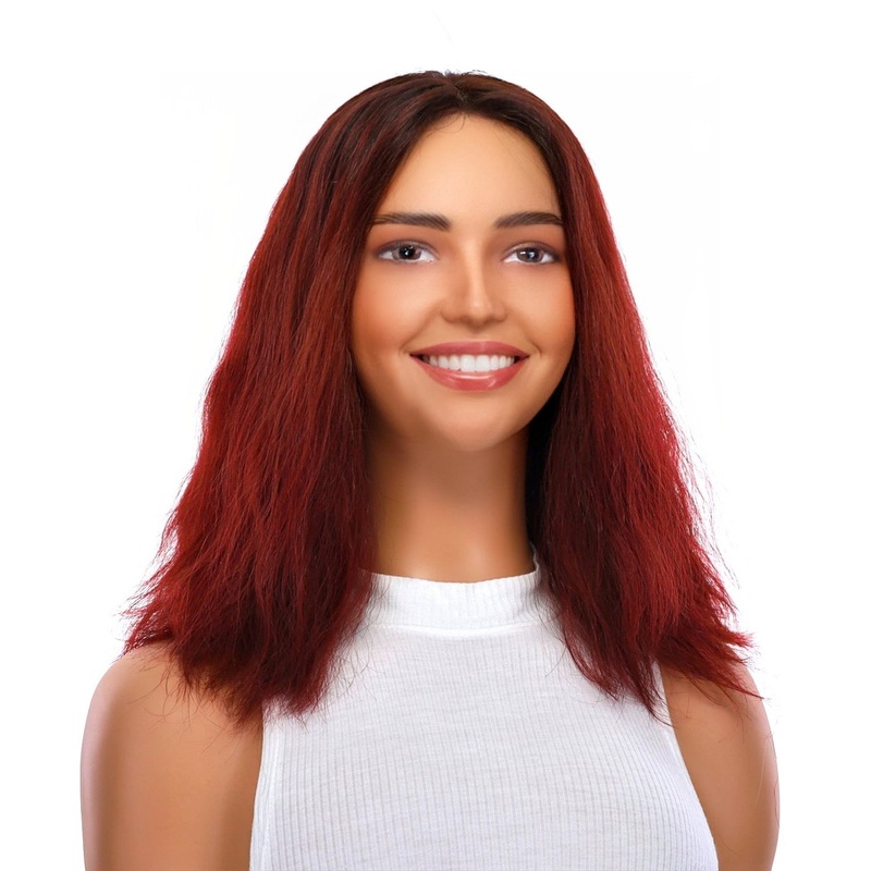 16″ Ponytail Silk Part Wig Merlot Red Wavy Zig Zag Lace Front