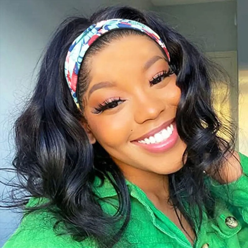220% Density Body Wave Hair Headband Bob Wig Glueless Human Hair Half Wig 10inch Body Wave 220%