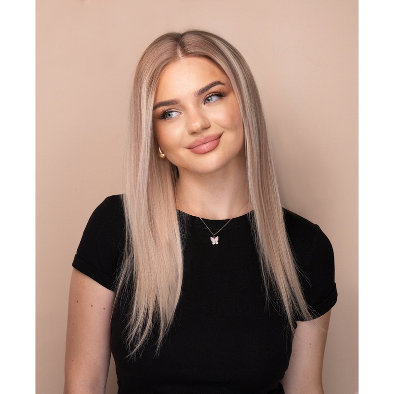 lace front human wig – 14″ rooted blonde with highlights.