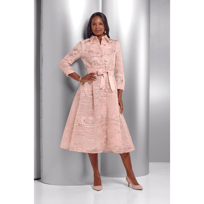 Marvelous Metallic Midi-Length Fit-and-Flare Shirtdress by EY Boutique PINK 12