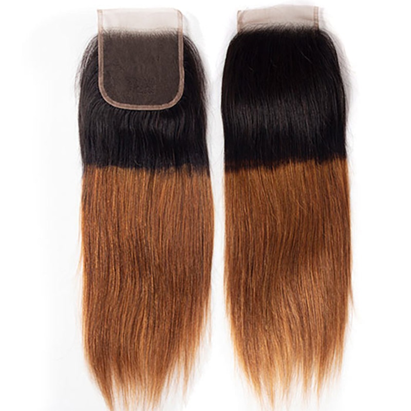 Ombre T1B/30 Straight Hair Free Part 4×4 HD Transparent Lace Closure 100% Human Hair 10 Medium Brown Lace Free Part