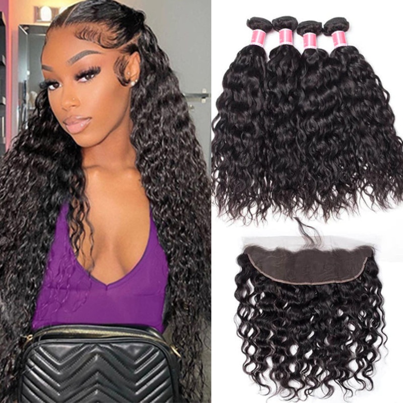 Peruvian Water Wave 4 Bundles With 13×4 Lace Frontal 10A Virgin Human Hair Bundles With Frontal Deal 10 10 12 12+8