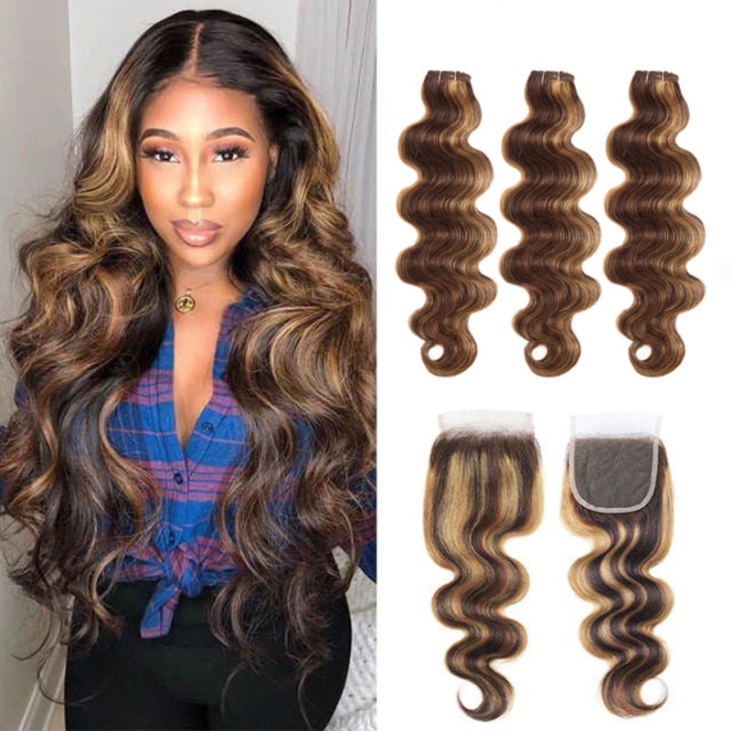 QVR Body Wave Human Hair Weave 3 Bundles with Closure Virgin Hair Highlight Piano Brown Blonde Color 10″10″10″+10″