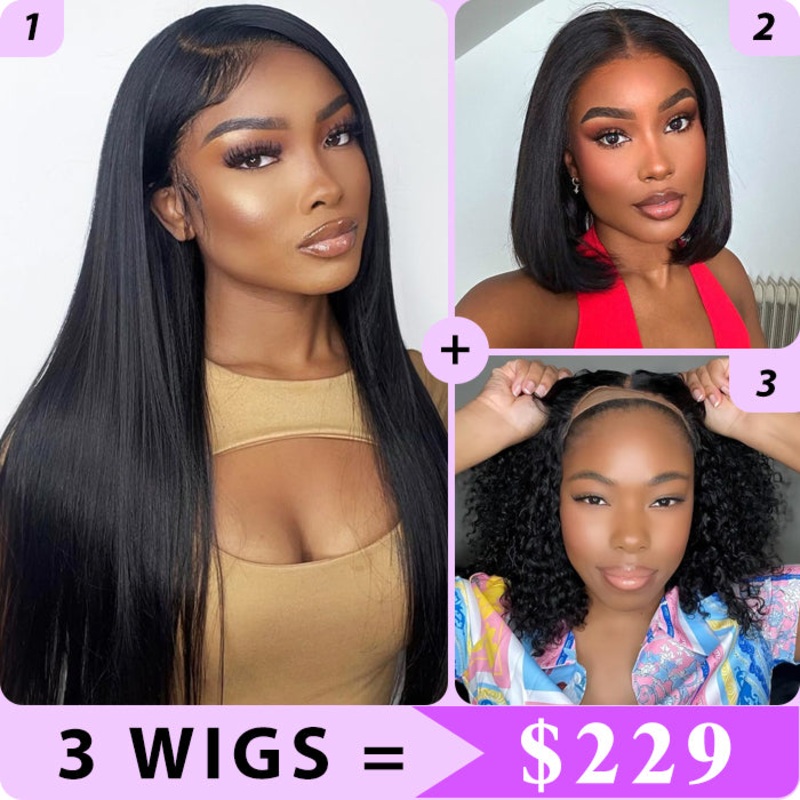 3 Wigs Set  | Silky Straight 13×4 HD Lace Wig & 8×5 Glueless Lace Curly Short Bob Wigs & Straight 5×5 HD Lace Short Bob Wig 20″ 13×4 HD Lace Straight Wig  – Natural Color 12″ 8×5 Pre Cut Lace Curly Bob Wig  – Natural Color 12″ 5×5 HD Lace Straight Bob Wig