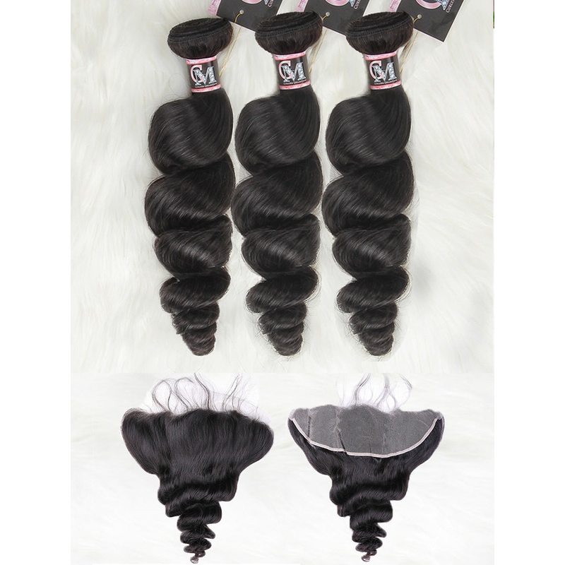 CurlyMe Loose Wave Virgin Human Hair 3 Bundles With 13×4 Frontal Natural Black 8 10 12 13×4 Frontal 8