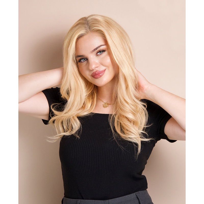 lace front human wig – 14″ honey blonde.