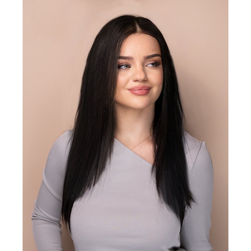 lace front layered human wig – 16″ natural black.