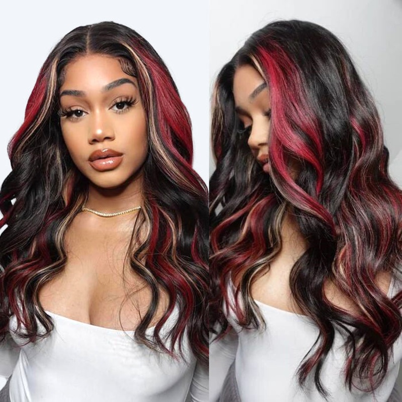 Multi Color Red And Blonde Highlights 13×4 Lace Front Body Wave Wig 16 4×4 Lace 150%