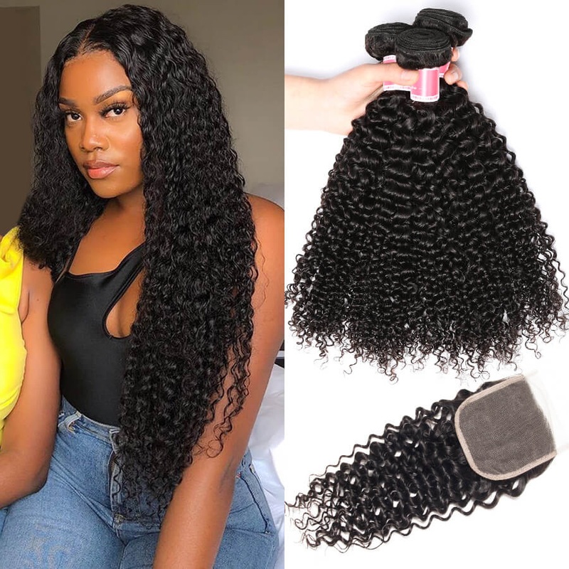 Peruvian Curly Hair 3 Bundles With 4×4 Transparent Lace Closure Remy Hair Weave 12 12 12+10 Free Part