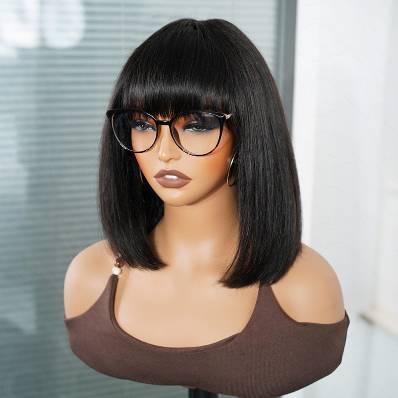 QVR Glueless Straight Short Bob Wig with Bangs Natural Black Minimalist Lace Human Hair Wig 12”