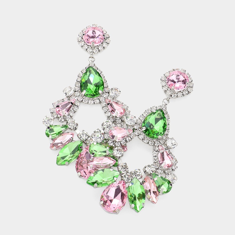 Teardrop Marquise Crystal Drop Evening Earrings Pink&Green, Rhodium