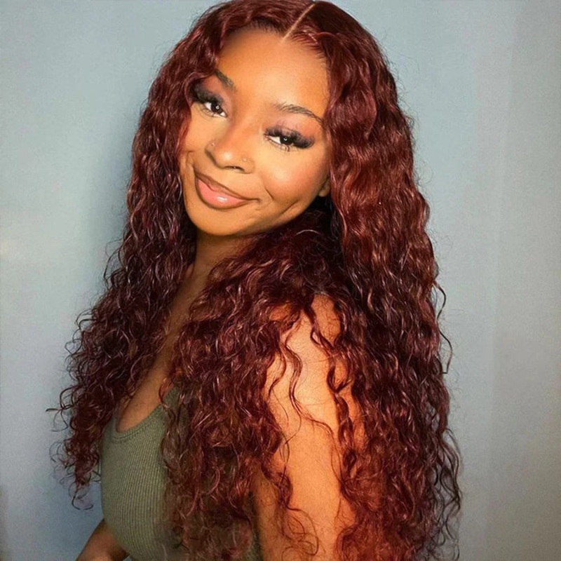#33 Reddish Brown Water Wave Glueless Wig Big Parting 8*5 HD Lace Closure Wigs Ready To Wear 10 Bob 8×5 Pre-Cut HD Lace Natural (180%)