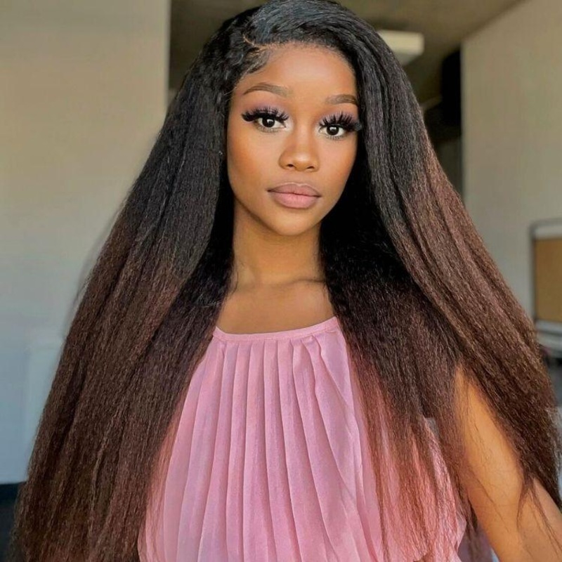 4C Edges | Kinky Edges Black to Brown Ombre Kinky Straight 5×5 Closure Lace Glueless Side Part Long Wig- US ONLY Regular Cap 16 No