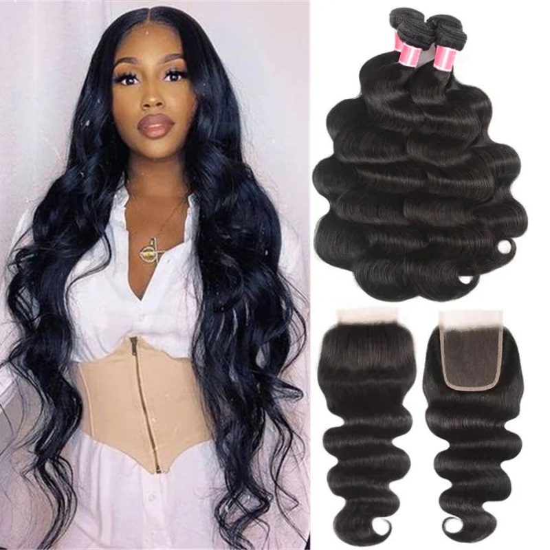 Brazilian Body Wave 4 Bundles with 4*4 Lace Closure Virgin Human Hair 10 10 12 12+8 Free Part