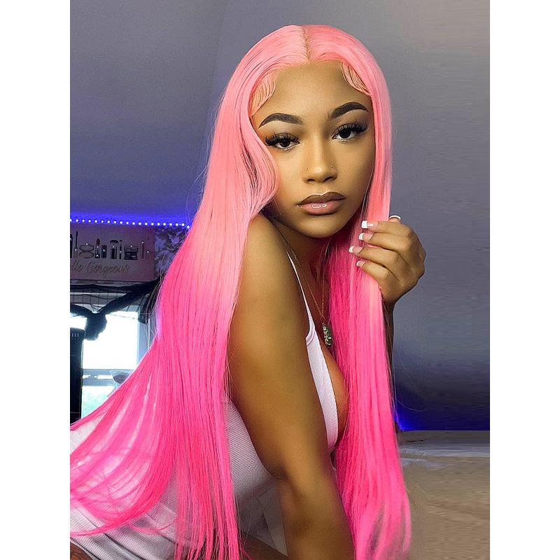 CurlyMe Highlights Honey Pink Color Straight Ombre Hair Transparent Lace Front Wigs Pre-plucked 180% 16