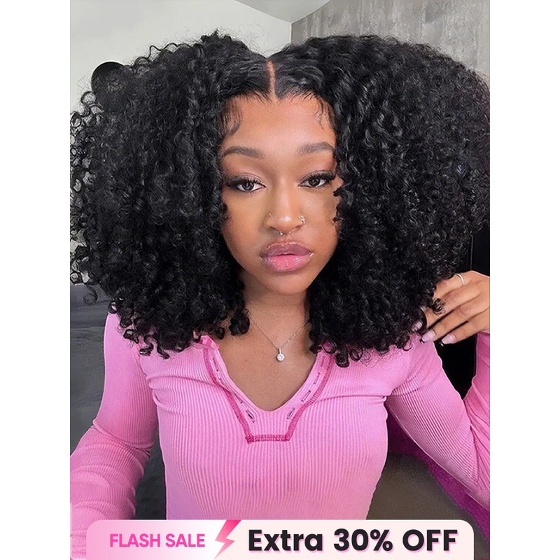 CurlyMe Pre-cut 9×6 Lace M-cap Wear Go Glueless Mini Knots Kinky Curly Hair HD Lace Front Wig Pre-plucked Transparent Lace 180% 12(bob)