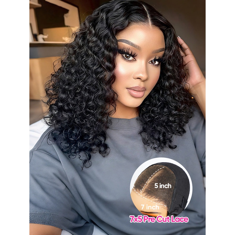 CurlyMe Water Wave Bob Glueless Wig Wear Go 7×5 HD Lace Pre Cut Lace Wig Bleached HD Lace 8