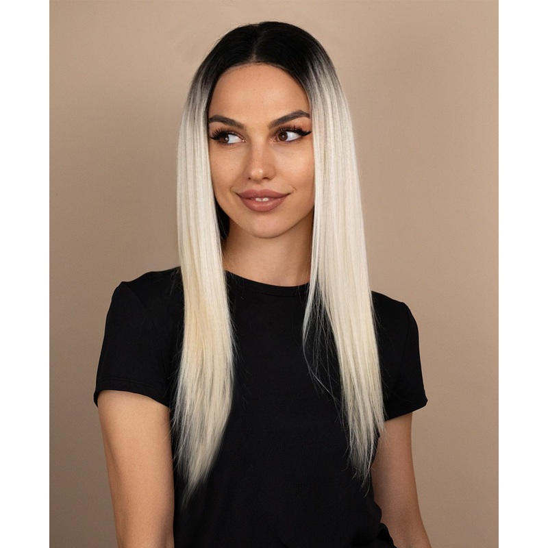 lace front human wig – 16″ rooted platinum blonde.