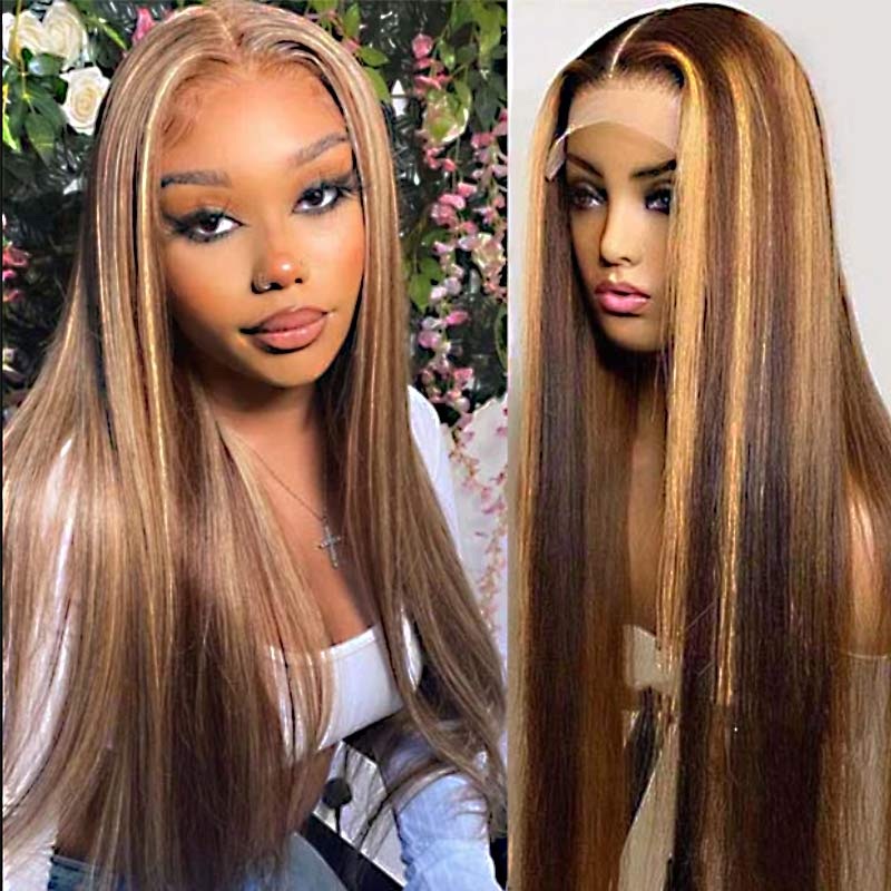 QVR Honey Blonde Highlight Straight 4×4 Lace Closure Wig Human Hair 13×4 Lace Front Wig T Lace 16