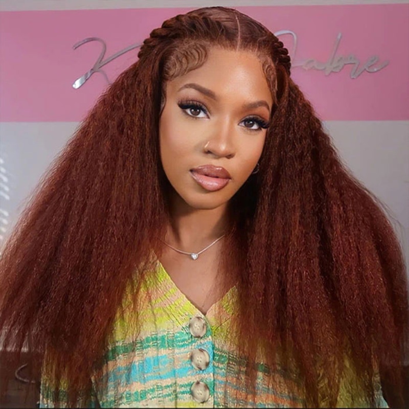 #33 Red Brown Auburn Colored Kinky Straight 13×4/5×5 HD Transparent Lace Frontal Wigs 16 13×4 Lace 150%