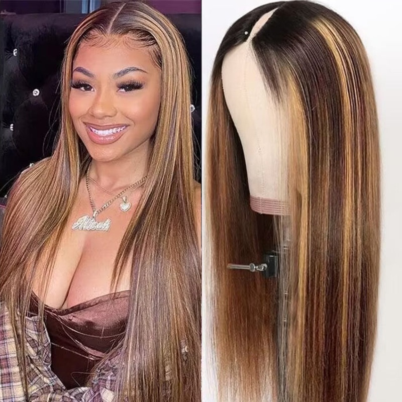 4/27 Blonde Highlight V/U Part Wigs Human Hair Straight V Part Wig Human Hair Minimal Leave Out No Lace 12 V Part 150%