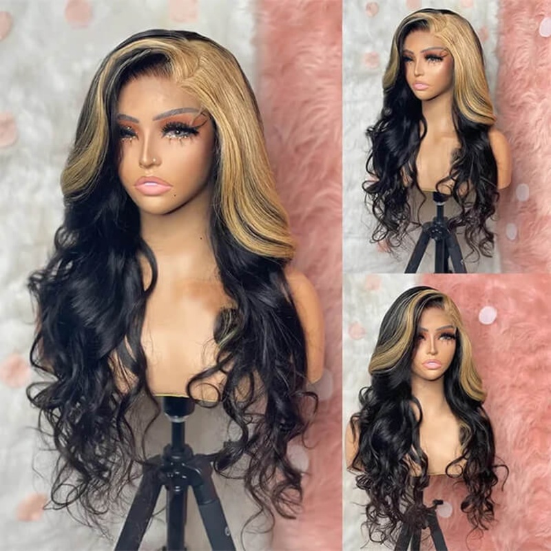 Blonde/Red/Green Skunk Stripe Hair Highlights Body Wave Human Hair 13*4 HD Lace Wigs 18 150% 613