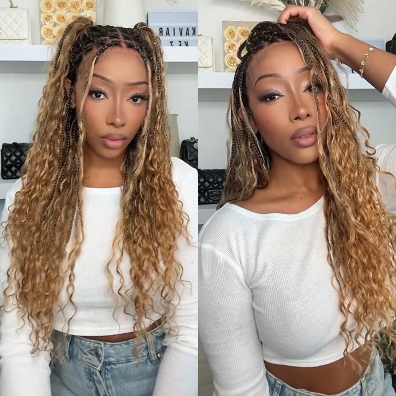 Boho Braided Wigs for Black Women Pull Go Drawstring 13×6 HD Lace Frontal Human Hair Wigs Blonde Color with Black Root 14 13×6 Lace with Drawstring Cap 220%