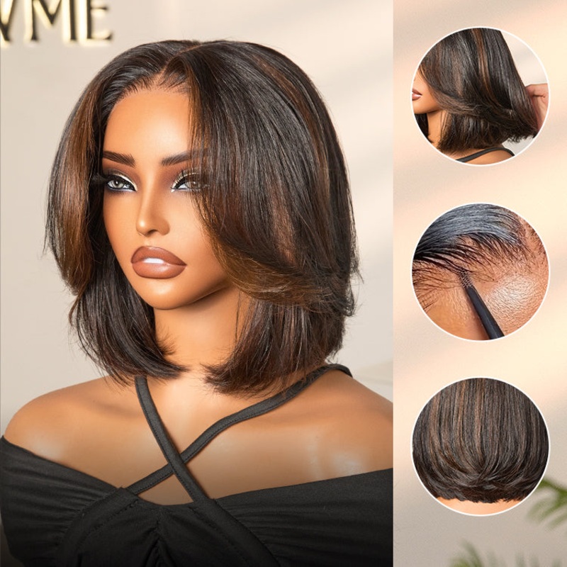 Brown Highlight Silky Short Bob Wig Layered Cut Human Hair Glueless 5×5 Closure Pre-Cut Lace Wig 10