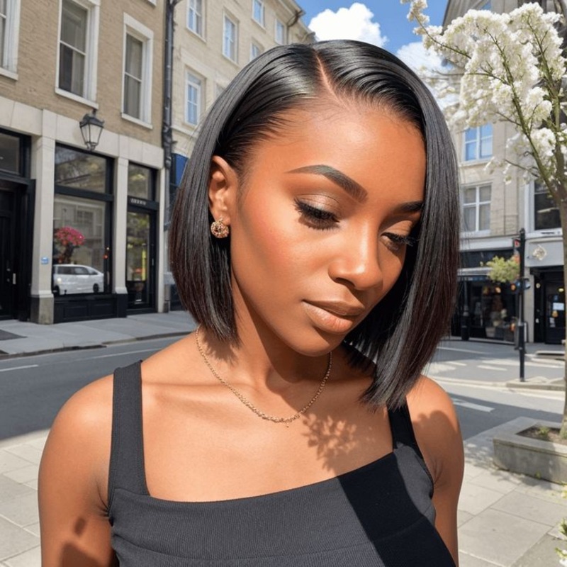 QVR Sliced Cut Straight Short Bob Wig Wide C Lace Natural Black Human Hair Wigs 8” C Part