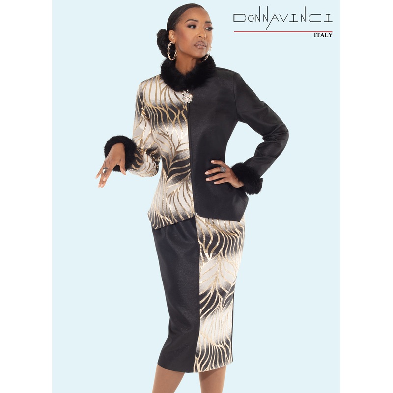 Donna Vinci, Mixed with Print 2pc. Jacket & Skirt Set BLACK/GOLD 8